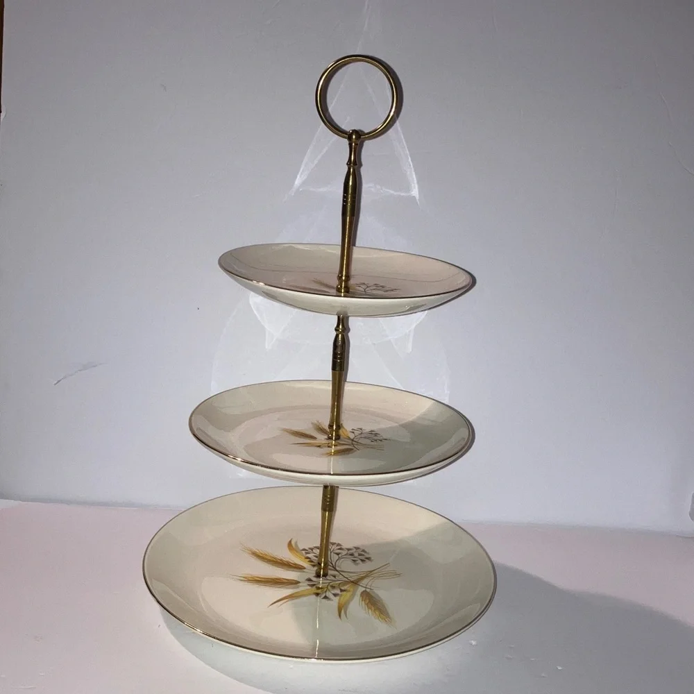 Vintage Golden Wheat Three-Tiered Serving Stand 14”Tall‎ Gold Trim Brass Handle